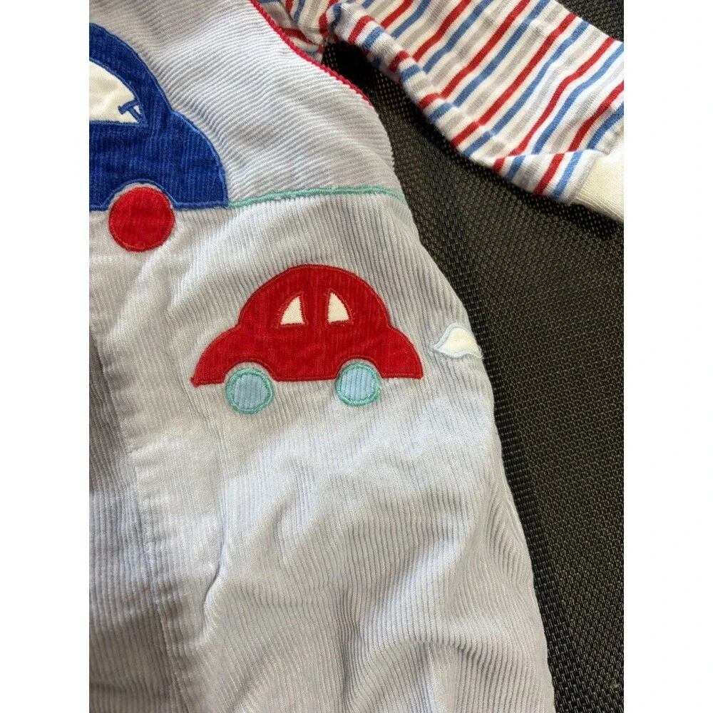 Vintage 2pc Footed Cotton Coverall + Striped Shirt Cars Applique 3-6 Months